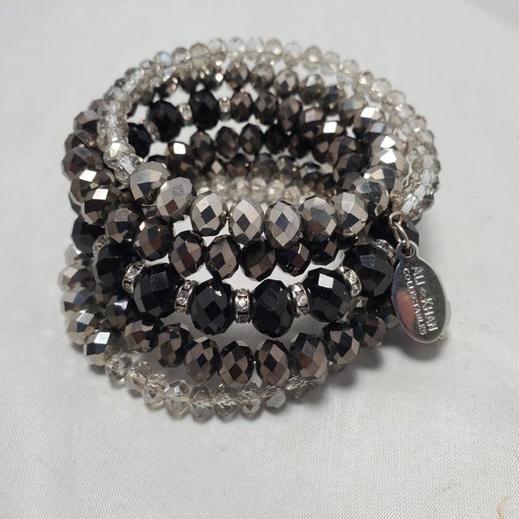 Ali Khan silver-tone gray glass bead 6 row coil bracelet - Picture 2 of 5